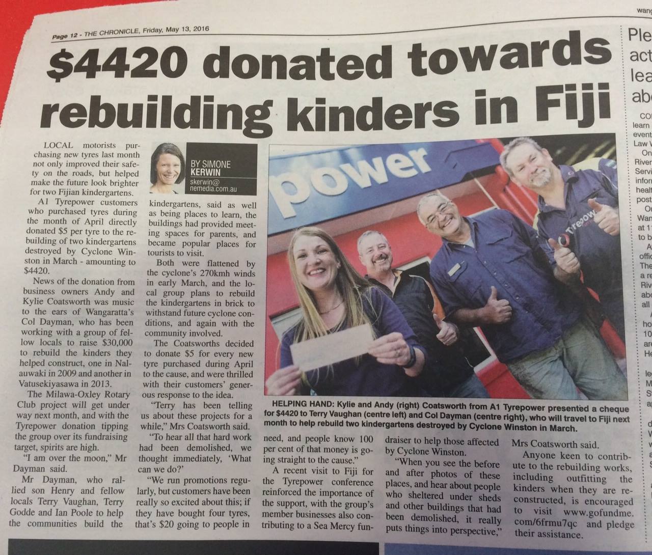 A1 Tyrepower raises $4420 to rebuild two kindergartens in Fiji that were destroyed by Cyclone Winston cover image